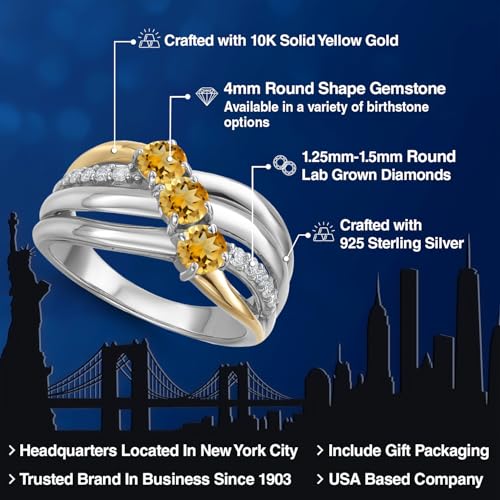 Gem Stone King 925 Silver and 10K Yellow Gold Yellow Citrine and Lab Grown Diamond Engagement Ring for Women | 0.92 Cttw | Round 4MM | Gemstone November Birthstone | Available in Size 5,6,7,8,92