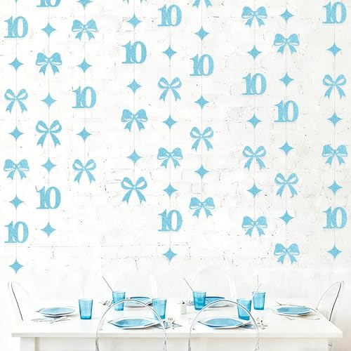Image of Glitter Blue 10th Bow Birthday Decorations Teal Blue Conquette Bow Garland Streamer Banner Backdrop for Girls Happy 10th Birthday Double Digits I'm 10 Cheers to 10 Years Old Anniversary Party Supplies