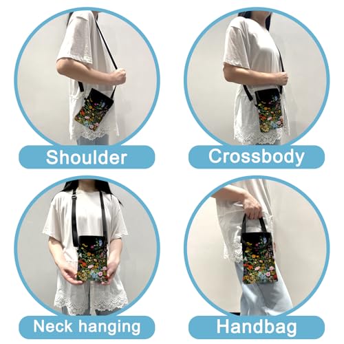 Image of Neoprene Cell Phone Sleeve Pouch Case Bag with Crossbody Strap Neck Lanyard for Women 7.5 X 4.3 in Flowers Plants
