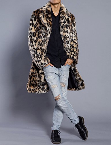 Mens Winter Warm Leopard Faux Fur Long Length Luxury Outerwear Coat Jacket2