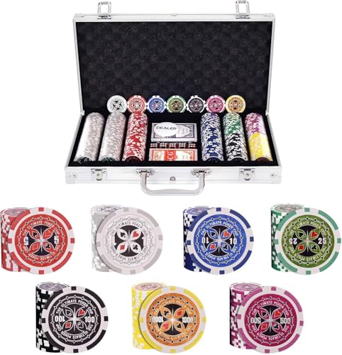 HOMASIS Pokerset mit 300 Chips, Alu Pokerkoffer mit 2 Kartendecks, 5 Würfeln, 1 Dealer Button, Poker Koffer abschließbar, Poker Set Pokerkarten für Texas Hold'em (300 Chips, Silber)
