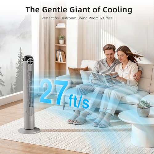 Image of Antarctic Star T42 Tower Fan-42 Inch, Bladeless Oscillating Fan with Remote, 6 Speeds & 4 Modes, LED Display, 9H Timer, Quiet Floor Standing Fan for Bedroom Living Room Office, Grey