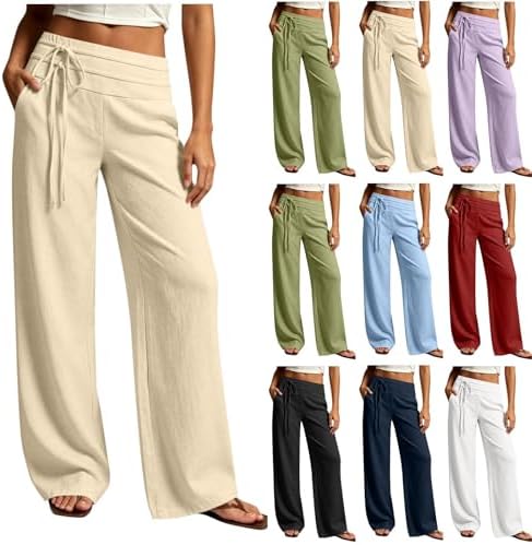 Wide Leg Linen Pants for Women 2026 Spring Fall Linen Palazzo Pan...