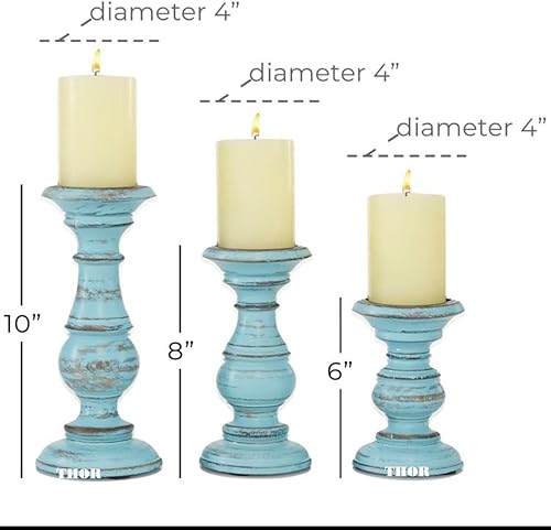 Miniatura 4 de Portavelas decorativo de madera azul claro con acabado envejecido, juego de 3 velas de 6 pulgadas, 8 pulgadas, 10 pulgadas de alto, azul claro
