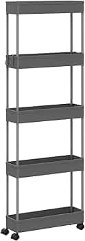 Chariot à roulettes, Chariot Étoite à 5 Niveaux, Étagère de Rangement Roulante avec 4 Crochets, pour Cuisine, Salle de Bain, 39x12,5x107,5 cm, Gris