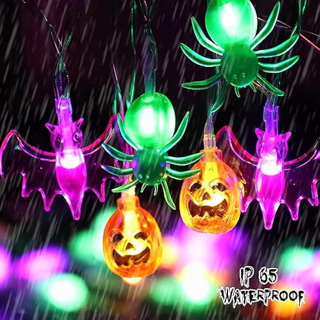 Halloween Lights, 16 FT 30 LED Waterproof 3D Pumpkin Bat Spider Battery Operated String Lights with Timer, 8 Lighting Modes Fairy Lights for Window Indoor Outdoor Decor Halloween Party Decorations