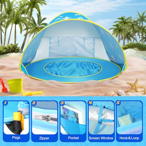 Image of Monobeach Baby Beach Tent Ocean Pop Up Portable Shade Pool UPF50+ UV Protection Sun Shelter for Infant with Easy Set Up Canopy
