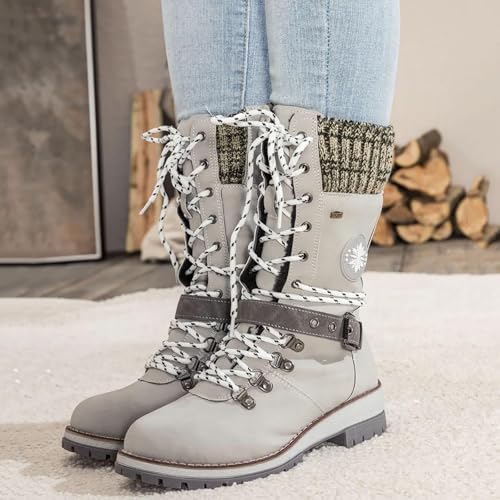 Women Buckle Knitted Mid Calf Boots Winter Warm Lace up Outdoor Casual Cowboy Boots Round Toe Dressy Snow Booties4