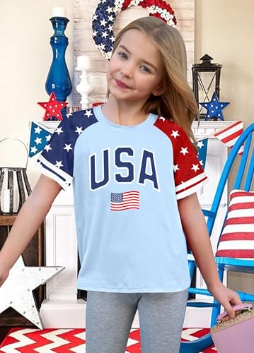 Image of CAZYCHILD Girls 4th of July USA Shirt American Flag Patriotic T-Shirt Independence Day Outfit for Kids 5-14Years