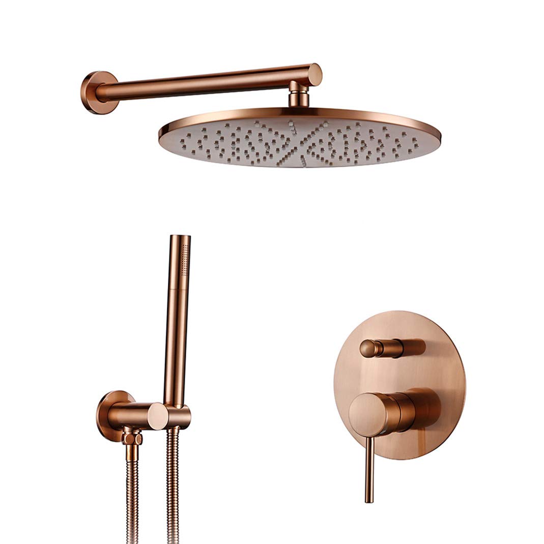 Sistema Doccia, Miscelatore deviatore in Ottone Oro Rosa Spazzolato a Parete, Set di rubinetti per Doccia da Bagno con soffione Doccia a Pioggia Rotondo da 8-12 Pollici e