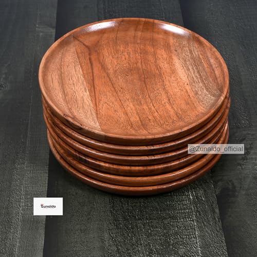 Image of Handcrafted Wooden Plates | Appetizer Round Serving Tray for Kitchen Dining Room | 7 Inch | Set of 6 |
