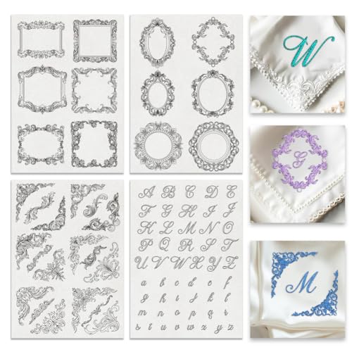 BENECREAT 4Sheets 81Pcs Vintage Water Soluble Embroidery, 11.6x8.2 Inch Calligraphy Letters Vintage Border Edge Embroidery Paper Stabilizer Hand Sewing for Shirts, Coats, Bags