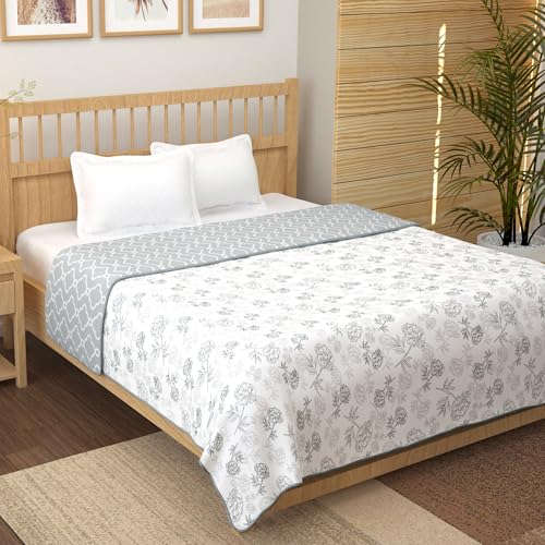 Image of Story@Home Quilted Bed Cover King Size Cotton 100%| 150GSM 225 x 240 CM Quilt AC Blanket for Summer | AC Dohar Double Bed | White & Grey, Floral & Moroccan Reversible Design Duvet | All-Season Blanket