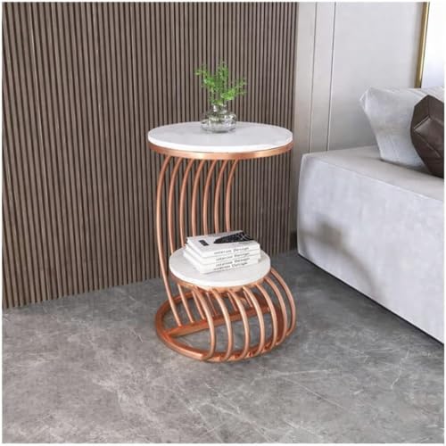 Image of End Table with Decorative Legs, in-Lay Top, Home Decor Accent Furniture -Tier Metal Coffee Table with Open Storage Shelf for Living Room (Rosegold White)