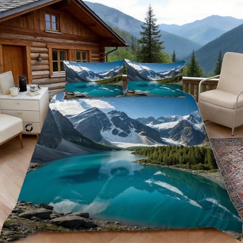 Housse de Couette 140x200 Style Montagne, 1 Personne, Parure de Lit Lac Montagnes Microfibre avec 2 x Taie d'oreiller 65x65 cm avec Fermeture éclair