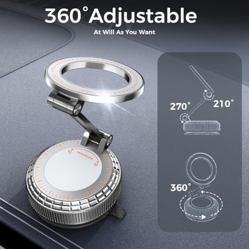 Image of Metal Magnetic Car Phone Holder, 360 Adjustable Magsafe Car Phone Mount, Vacuum Suction Cup Phone Holders for Your Car for iPhone 17-12 Pro Max Air Plus & Android (Silver)
