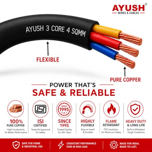 Image of 3 Core x 4 Sqmm Flexible Copper Wire | ISI Certified | FR PVC | 10 Meter | Black | Round Electrical Cable for AC, Water Pump, Refrigerator, Washing Machine & Home Wiring