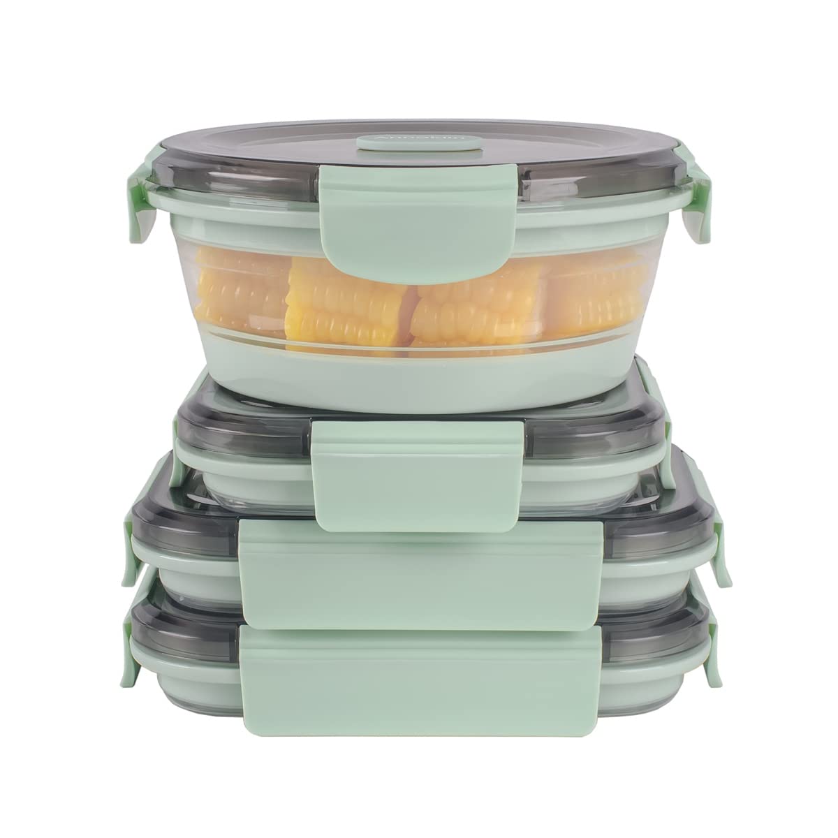 Annaklin Collapsible Food Storage Containers with Lid & Air Vent, Transparent Stacking Silicone Collapsible Meal Prep Container Set, Microwave Freezer Dishwasher Safe, 3 Shapes, Set of 4, Mint Green