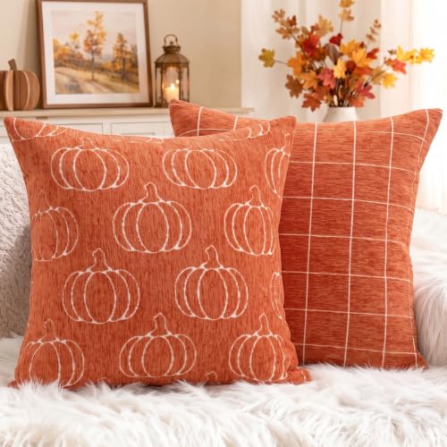 Image of Fall Pumpkin Chenille Pillow Covers(Orange,22x22) | Soft chenille texture, double-sided reversible design, hidden zipper, for sofa, bed, couch, farmhouse autumn decor