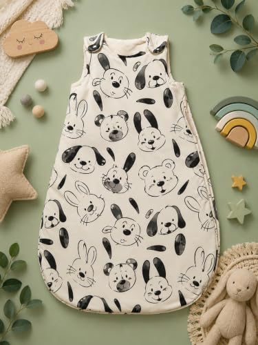 Image of TuddyBuddy Baby Cotton Wearable Quilted Sleeping Bag Blanket 1.5 Tog with 1 Way Zipper Closure | Ideal for Babies & Kids Hypoallergenic Fabrics | (Black Graphic Cartoons - Black & Beige, 2-3 Years)
