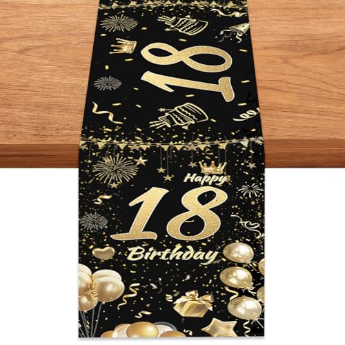 Caminho de mesa para 18 aniversários, cor preta e dourada, 35 x 180 cm caminho de mesa 18 anos, feliz 18 anos caminho, para crianças senhoras aniversário, decoração de festas