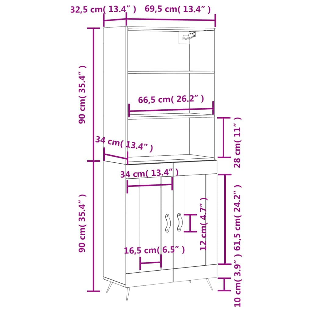 Meuble haut blanc en bois 69,5 x 34 x 180 cm avec beaucoup d'espace de rangement, portes et pieds en métal pour salon, salle à manger, chambre à coucher, couloir et bureau, design moderne