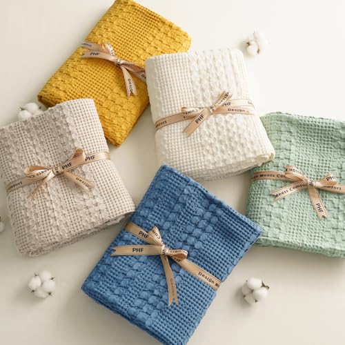 Image of PHF 100% Cotton Waffle Blanket Queen Size for Bed, Lightweight Breathable and Soft for Summer, Luxury Aesthetic Waffle Weave Blanket for Home Decor & Gifts for Women, 90 inchx90 inch, Ivory