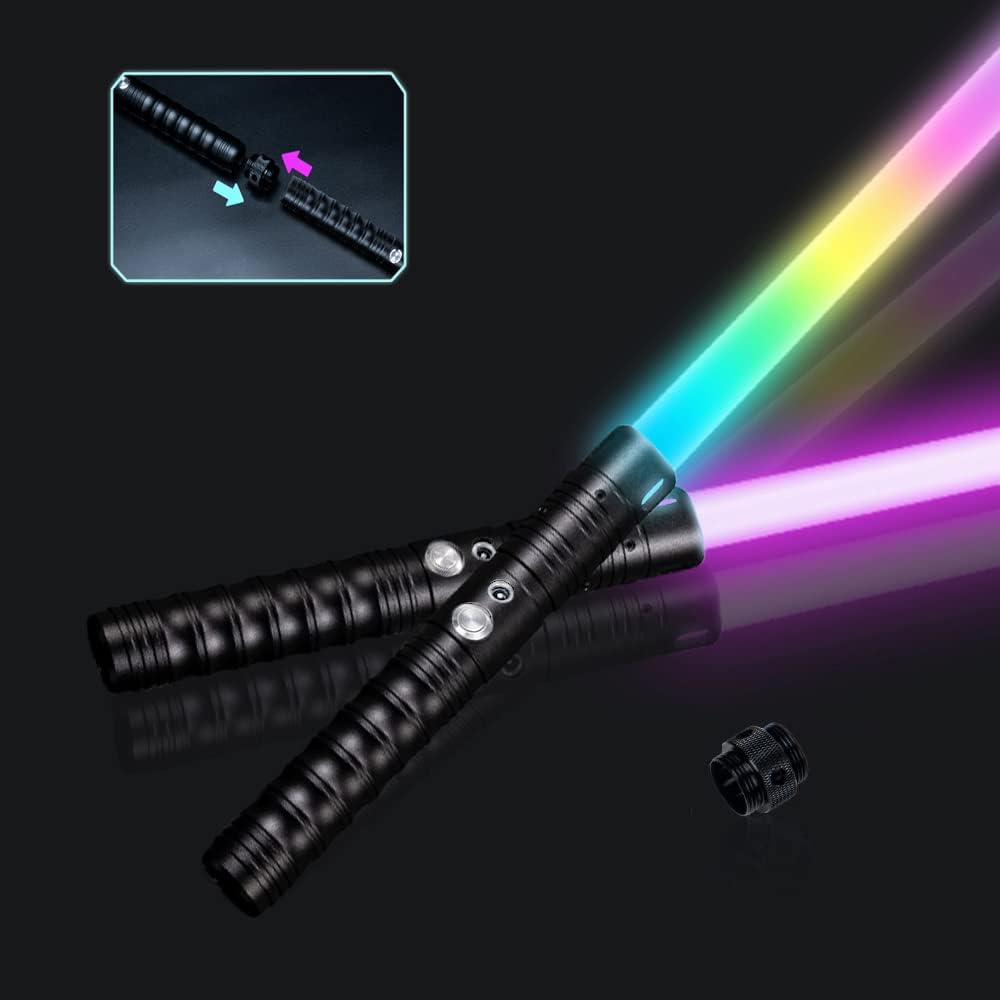 Looguagun 2-in-1 Light Up Sword Alloy Hilt, Upgraded 2 Pack Dual Saber RGB 15 Colors with Battle Sound Effects, Rechargeable Double-bladed Saber Toys for Boys, Girls, Kids, Adults(Black)