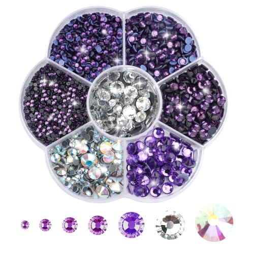 Hopton 3000 pietre glitterate, 7 misure autoadesive, rotonde Hotfix, strass trasparenti per tessuti fai da te (viola)