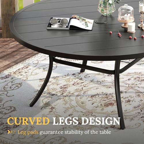 Image of VICLLAX 60 inch Outdoor Round Patio Table for Lawn Garden, All Weather Metal Round Patio Dining Table with Adjustable Umbrella Hole, Outdoor Table for 8-10 Person, Black Tabletop
