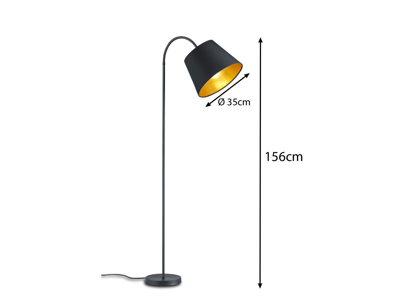 meineWunschleuchte Steh-Lampe gebogen Schwarz Gold mit Stoff Lampenschirm | Höhe 156cm, E27, mit Fußschalter, klassische Stehleuchte, für Wohnzimmer & Schlafzimmer, gemütliche Beleuchtung