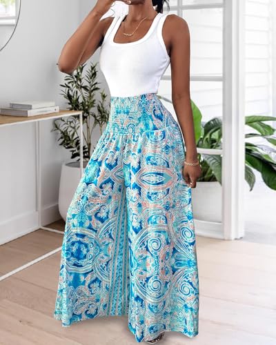 Women's Vintage Boho Maxi Skirts Paisley Floral Print Shirred Elastic High Waist Wide Leg Pants for Vacation Beach4