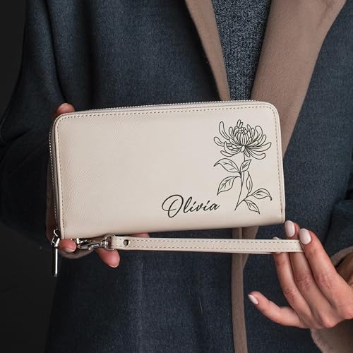Personalized Women's Wallet with Name & Birth Flower - Customized Wristlet Wallet, Custom Engraved Bifold, 11 Card Slots, Zipper Coin Pocket - Soft Pink - Gift for Her, Wife, Mom, Daughter4