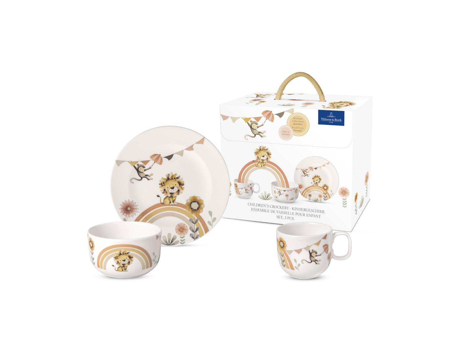 Villeroy & Boch - Boho kids Roar like a lion Ensemble de vaisselle pour enfants 3 pièces, Vaisselle en porcelaine et couverts en acier inoxydable, Lavable au lave-vaisselle, Compatible micro-ondes