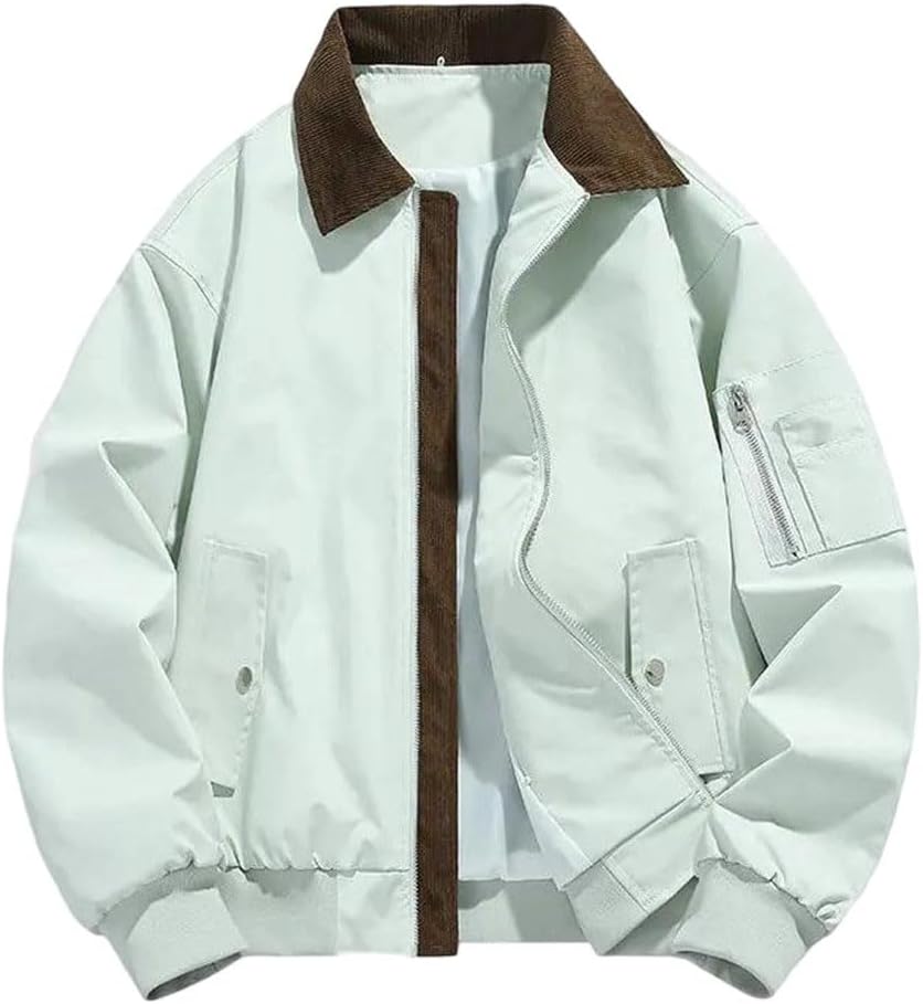 Men's Cargo Jackets Loose Bomber Outerwear Coats Patchwork Turn Down Collar Jacket