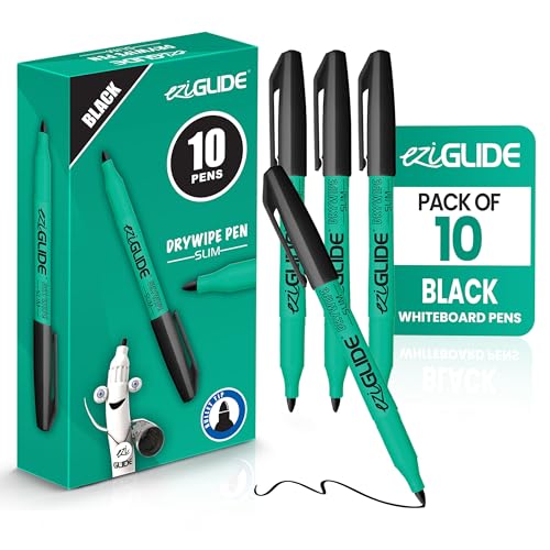 Eziglide Black Fine Tip Whiteboard Pens Pack of 10 Dry Wipe Markers