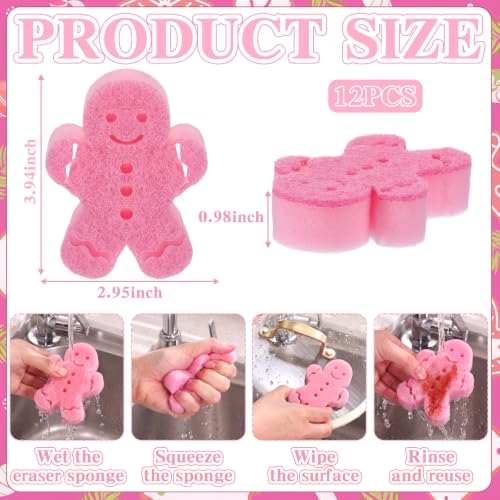 Image of Tioncy 12 Pack Kitchen Sponges Bulk Dual Sided Scrubber Sponges Dishwashing Kitchen Cleaning Accessories for Household Supplies(Gingerbread Man, Pink)