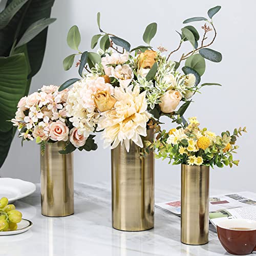MyGift Tall Modern Brass Tone Metal Cylinder Centerpiece Flower Vases, Set of 3 - Large, Medium, Small Sizes, Handcrafted in India