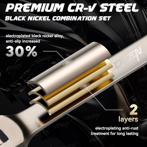 Image of DISEN 26 Piece Ratcheting Wrenches Set 90 Teeth, Combination Wrenches Set Metric 6MM-19MM and SAE 1 /4 Inch-13 /16 Inch, Cr-V Steel, Ratchet Set Nickel Plating with Organizer Visit the Store