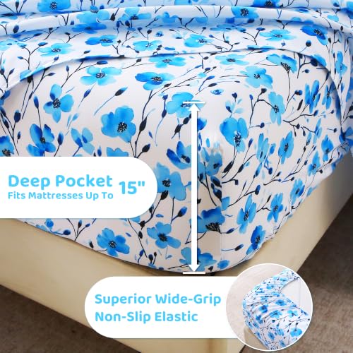 Image of Mooreeke Cozy Floral Blue Microfiber Printed Queen Sheet Set | Soft Breathable Gradient Blue Flower Sheets with Deep Pocket Non-Slip Fitted Floral Printed Queen Bedding for All Seasons