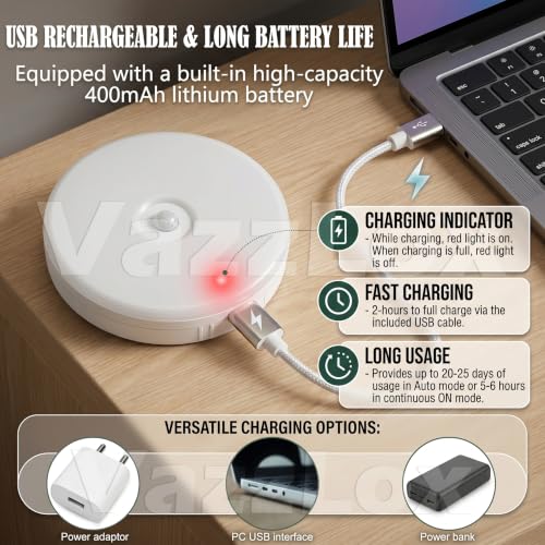 Image of VazzLox Motion Sensor LED Light (Warm | Pack of 4) Wireless USB Rechargeable Self-Adhesive Motion Sensor Light for Home Indoor Auto On /Off Cabinet Light Wardrobe Lights with Sensor Stairs Night Light