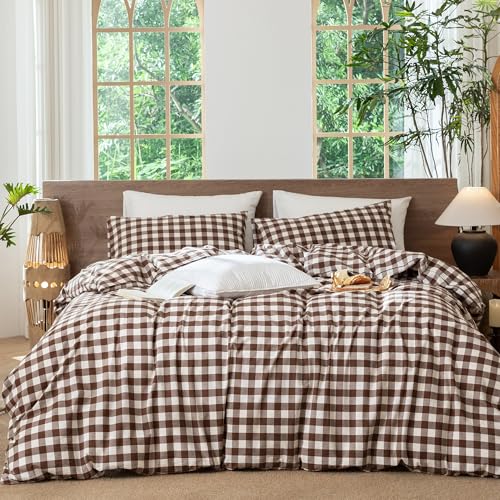 Image of MooMee Gingham Duvet Cover Set 100% Washed Cotton Linen Like King | Relaxed Linen-like Texture. Soft, Breathable & Long-lasting Comfort. Lightweight. Hidden Zipper with 8 Interior Corner Ties