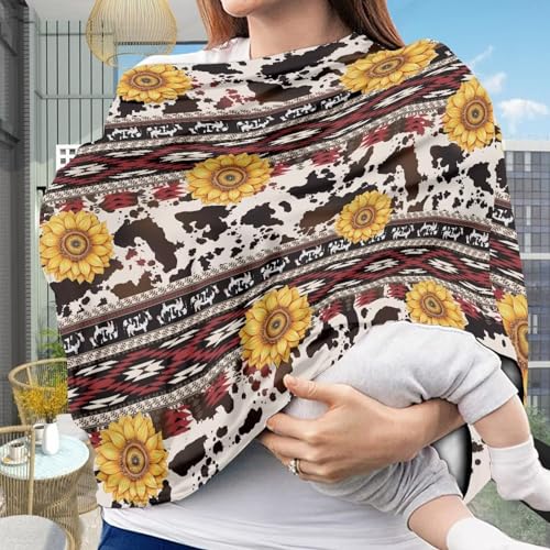 Image of Binienty Sunflower Geometric Stretchy Car Seat Cover Canopies for Babies, Brown Cow Print Multi Use Shopping Cart /High Chair /Breastfeeding Cover