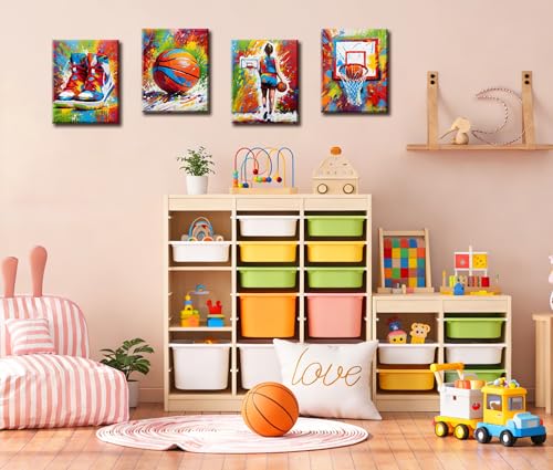 Image of Frimeeme Framed Graffiti Girls Basketball Canvas Wall Art, 4pcs 8x10 In