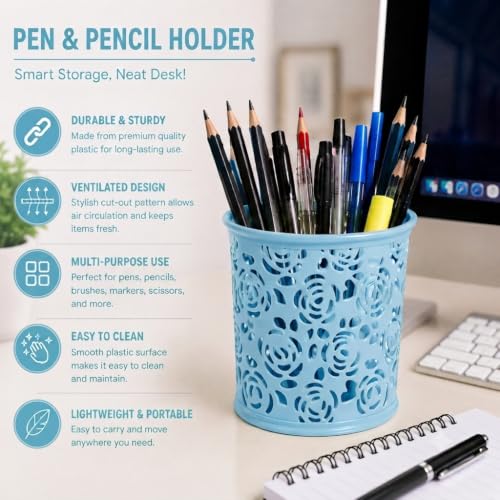 Image of Metal Mesh Pen Stand for Office & Home Desk | Black Stationery Holder Organizer for Pens, Pencils, Markers, Makeup Brushes | Durable Round Wire Mesh Pen Stand (Pack of 1) (Floral Sky Blue)