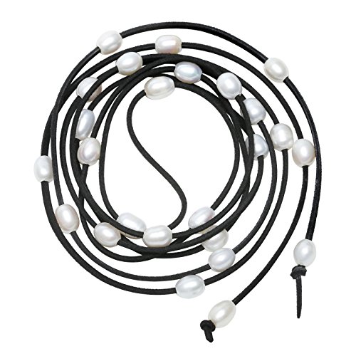 Cultured Freshwater Pearl Wrap Necklace Bracelet Anklet on Faux Suede Cord Jewelry for Women by Aobei 68 Black