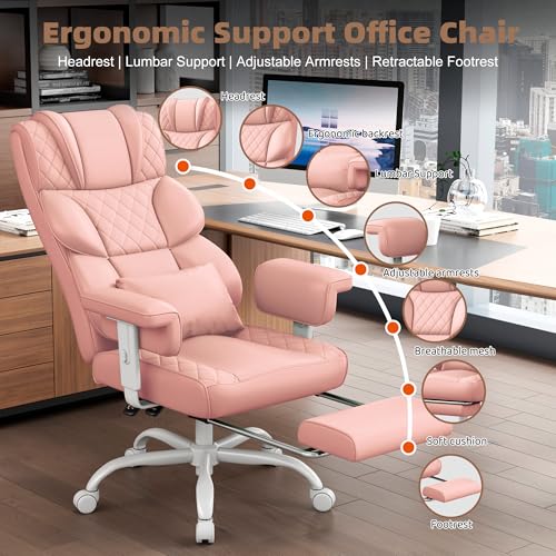 Image of Vonesse Big and Tall Office Chair, Desk Chair with Soft Adjustable Armrests, Ergonomic High Back Gaming Chair with Lumbar Support, Executive Computer Chairs with Footrest (PU Leather, Pink)