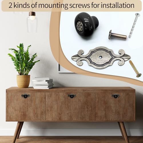 Suiwotin 4pcs Ceramic Dresser Knobs, Black Vintage Cabinet Knobs with Antique Bronze Back Plate, Decorative Drawer Pull Handles for Closet, Cupboard - Image 3