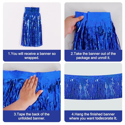 Image of BEISHIDA 3 Packs Metallic Foil Fringe Garland Laser Blue Wall Hanging Tinsel Fringe Banners for Car Floats Bridal Shower Wedding Birthday Easter Graduation Holiday Party Decoration(30 Feet)