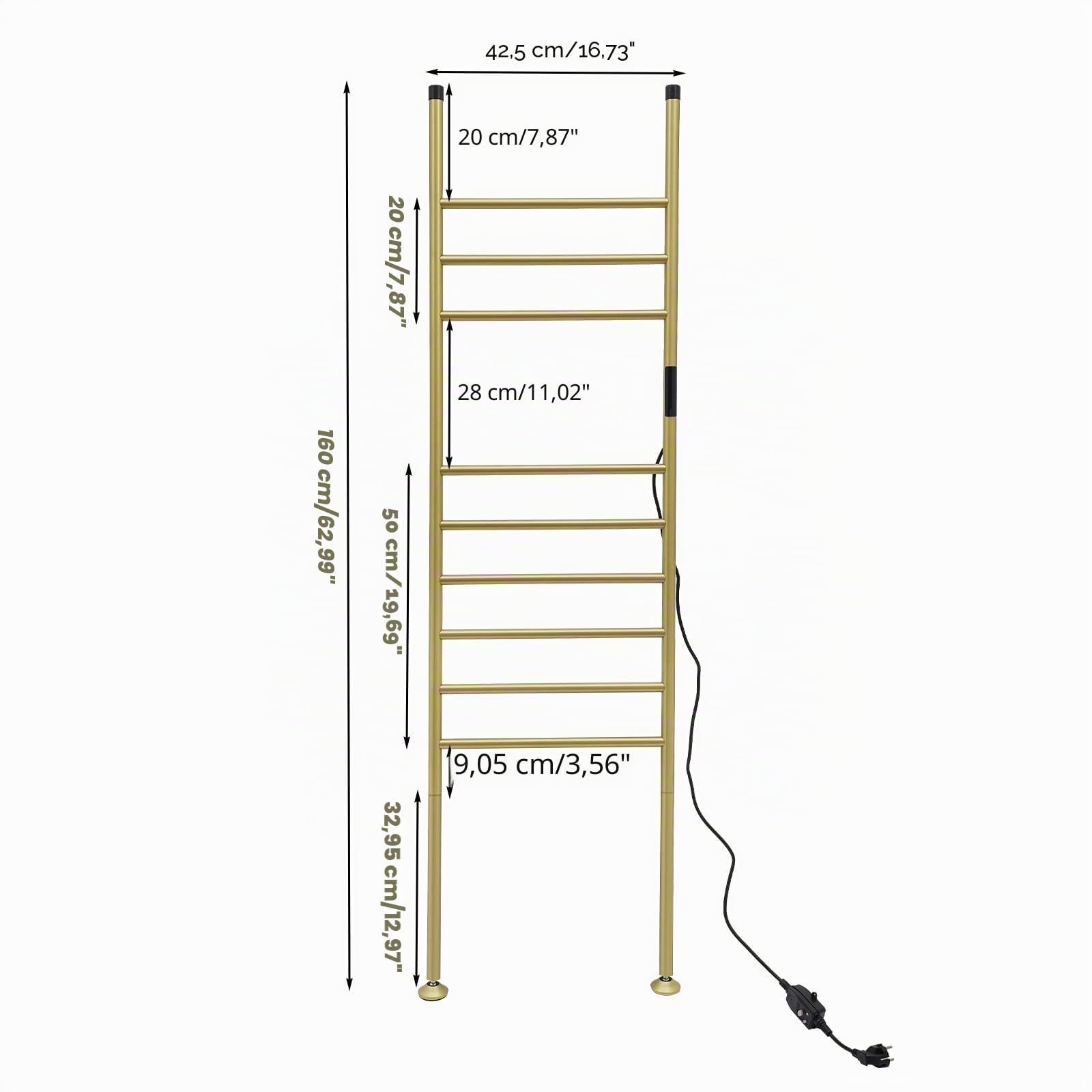 Toallero eléctrico, escalera independiente con temporizador 1-24H, 45-70 °C, 180 W, calentador de toallas de pie, 9 travesaños (dorado)